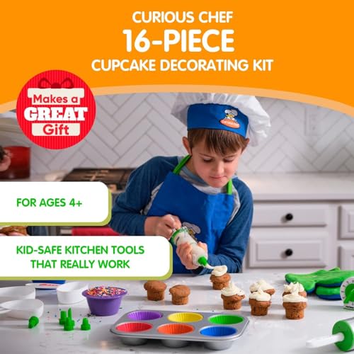 Curious Chef Kids Cookware - 16-Piece Cupcake & Decorating Kit I Real Utensils, Dishwasher Safe, BPA-Free I Non-stick Tin, Liners, Silicone Mixing Spoon, Frosting Spreader, Decorator Tube and More! - Image 2