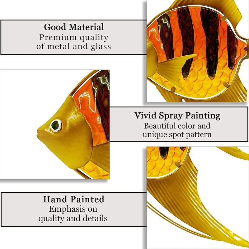 John's Studio Store Angel Fish Sea Wall Decor Outdoor Metal Garden Hanging Art Glass Sculptures Home Ocean Theme Decorations for Kitchen Bathroom and Pool - Yellow - Image 2