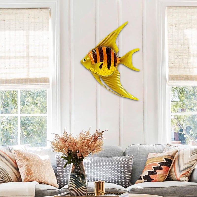 John's Studio Store Angel Fish Sea Wall Decor Outdoor Metal Garden Hanging Art Glass Sculptures Home Ocean Theme Decorations for Kitchen Bathroom and Pool - Yellow - Image 5
