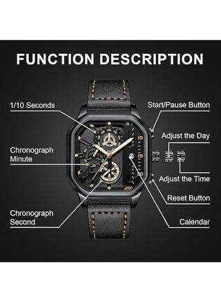 Watches for Men Quartz Chronograph Leather Fashion Dress Watch Date Waterproof Luminous Casual Square Business Wrist Watches - view 3