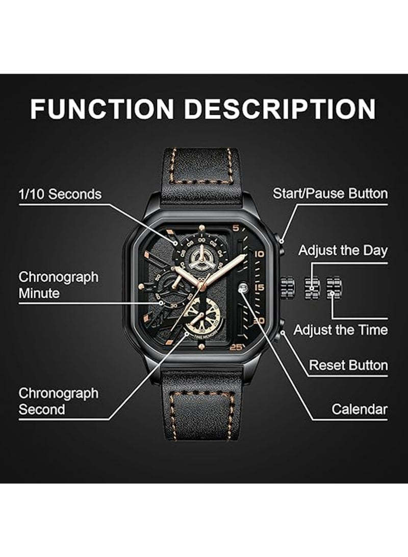 إكس ليفيل ساعات للرجال كوارتز كرونوغراف جلد الأزياء فستان ساعة تاريخ مقاوم للماء مضيئة عادية مربع الأعمال ساعات المعصم - Image 3