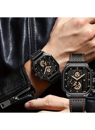 Watches for Men Quartz Chronograph Leather Fashion Dress Watch Date Waterproof Luminous Casual Square Business Wrist Watches - view 2