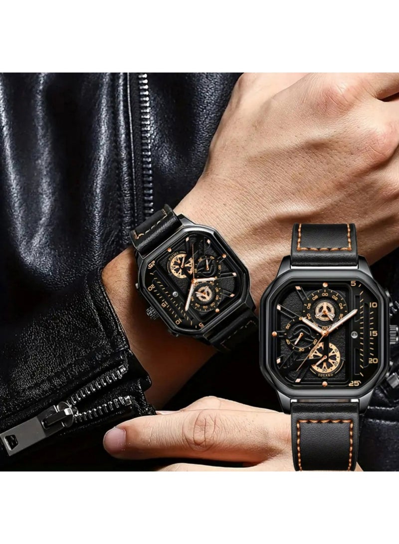 إكس ليفيل ساعات للرجال كوارتز كرونوغراف جلد الأزياء فستان ساعة تاريخ مقاوم للماء مضيئة عادية مربع الأعمال ساعات المعصم - Image 2