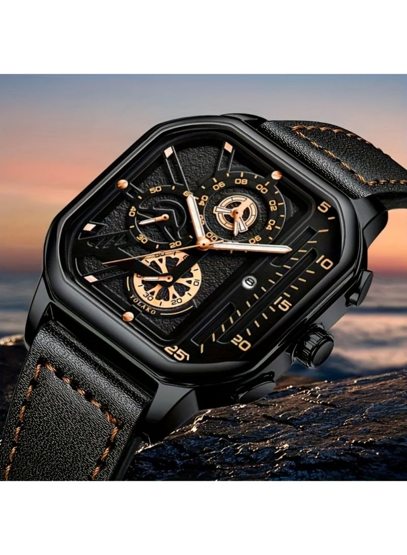 إكس ليفيل ساعات للرجال كوارتز كرونوغراف جلد الأزياء فستان ساعة تاريخ مقاوم للماء مضيئة عادية مربع الأعمال ساعات المعصم - Image 4