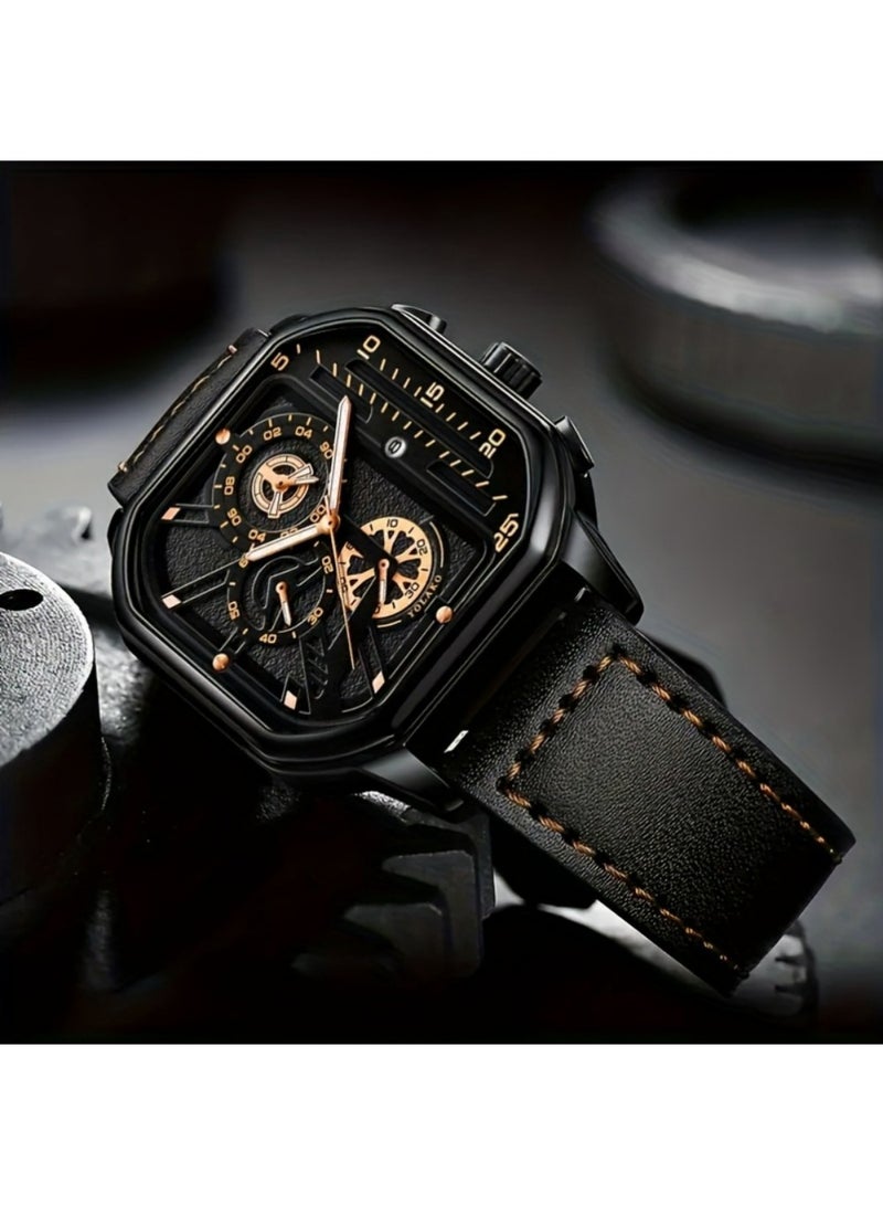 إكس ليفيل ساعات للرجال كوارتز كرونوغراف جلد الأزياء فستان ساعة تاريخ مقاوم للماء مضيئة عادية مربع الأعمال ساعات المعصم - Image 5