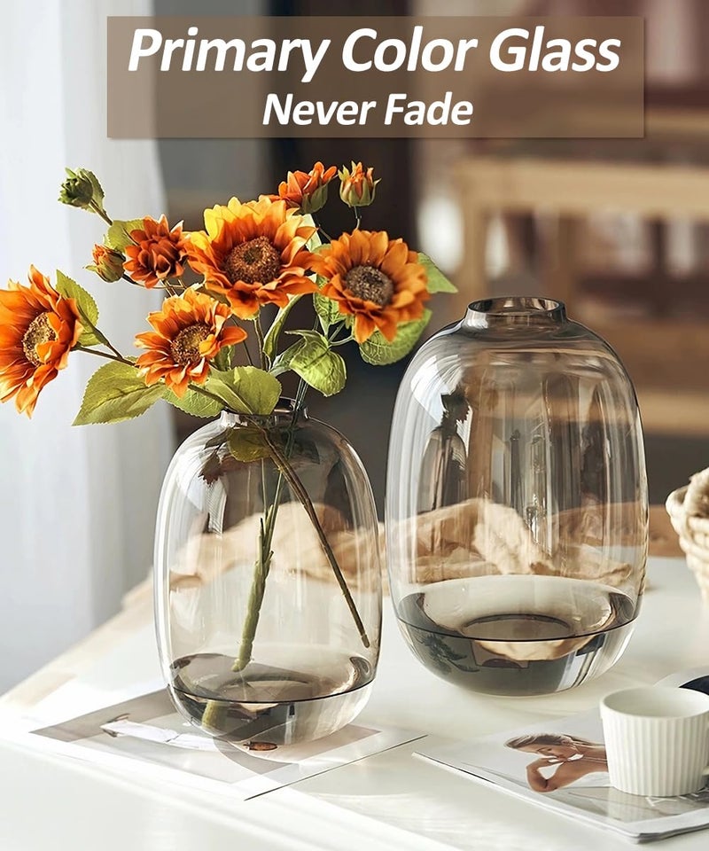 GeLive Brown Glass Vase Round Clear Colored Flower Vase for Centerpiece Long Stem Branch Fresh Artificial Plant Bottle Modern Home Indoor Decoration (Brown) - Image 2