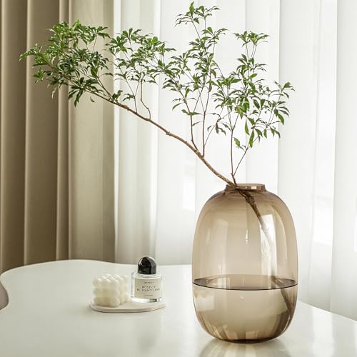 GeLive Brown Glass Vase Round Clear Colored Flower Vase for Centerpiece Long Stem Branch Fresh Artificial Plant Bottle Modern Home Indoor Decoration (Brown) - Image 1
