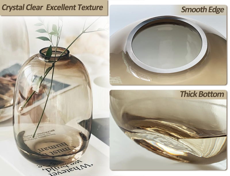 GeLive Brown Glass Vase Round Clear Colored Flower Vase for Centerpiece Long Stem Branch Fresh Artificial Plant Bottle Modern Home Indoor Decoration (Brown) - Image 3