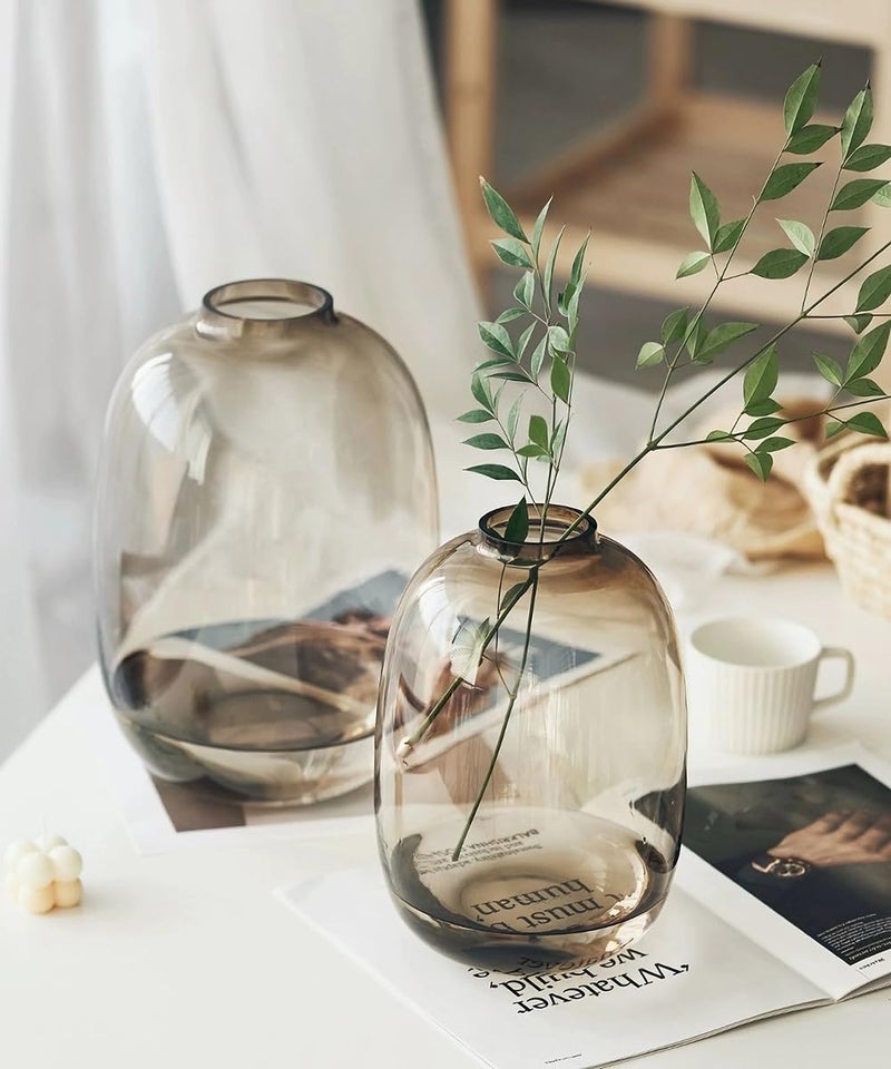 GeLive Brown Glass Vase Round Clear Colored Flower Vase for Centerpiece Long Stem Branch Fresh Artificial Plant Bottle Modern Home Indoor Decoration (Brown) - Image 4
