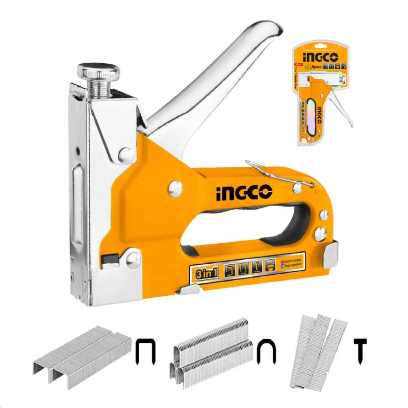 INGCO Stapler, 3 in 1 Nail Gun with 600 Staples, for Wood, Furniture