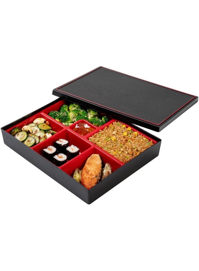 Restaurantware Bento Tek Rectangle Black and Red Large Japanese Style Bento Box - 6 Compartments - Image 1