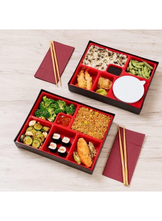 Restaurantware Bento Tek Rectangle Black and Red Large Japanese Style Bento Box - 6 Compartments - Image 3