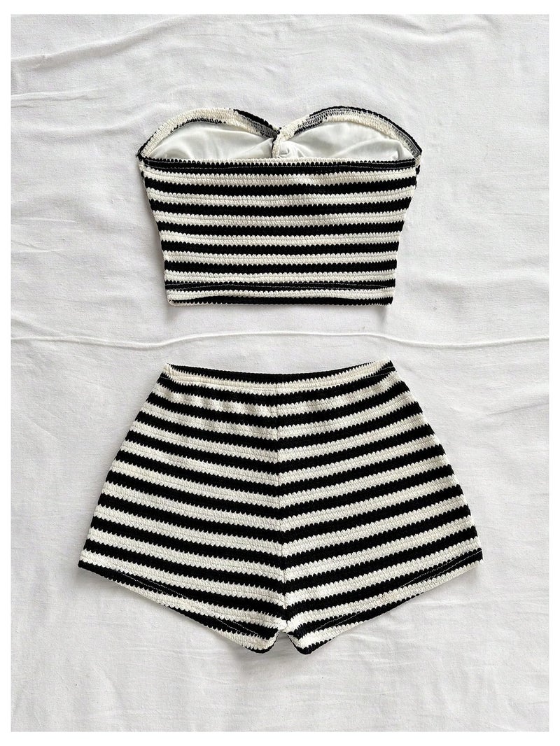 Verdusa Women's 2 Piece Striped Outfits Twist Knot Crop Tube Top and Shorts Clothing Sets Black and White Medium - Image 2