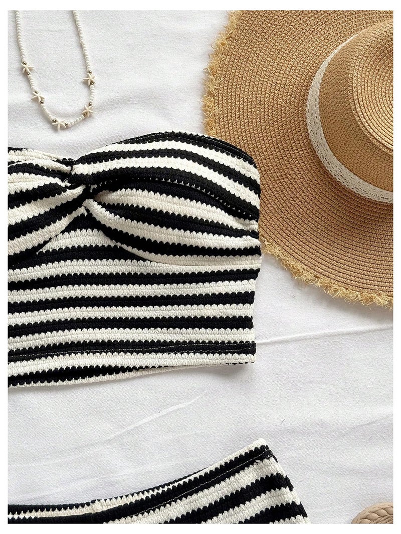 Verdusa Women's 2 Piece Striped Outfits Twist Knot Crop Tube Top and Shorts Clothing Sets Black and White Medium - Image 4