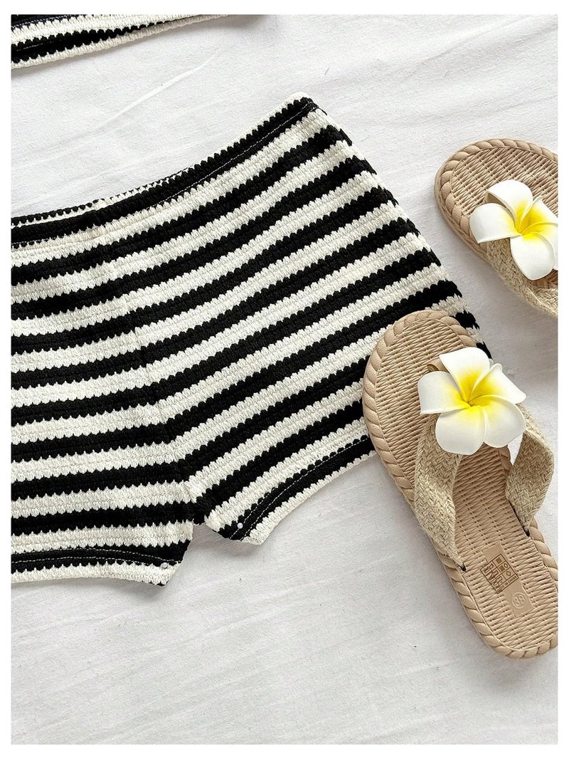 Verdusa Women's 2 Piece Striped Outfits Twist Knot Crop Tube Top and Shorts Clothing Sets Black and White Medium - Image 3