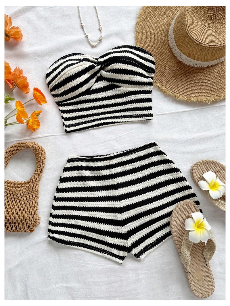 Verdusa Women's 2 Piece Striped Outfits Twist Knot Crop Tube Top and Shorts Clothing Sets Black and White Medium - Image 5