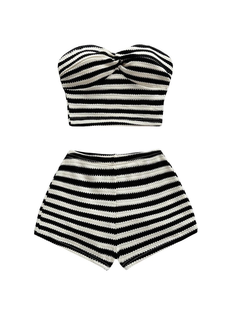 Verdusa Women's 2 Piece Striped Outfits Twist Knot Crop Tube Top and Shorts Clothing Sets Black and White Medium - Image 1