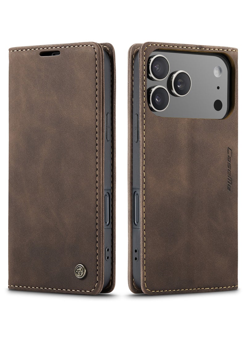 CaseMe Phone Case Luxury PU Leather Design 013 Flip Cover Card Slot Holder Cover For IPhone 17 Pro (Coffe) - Image 1