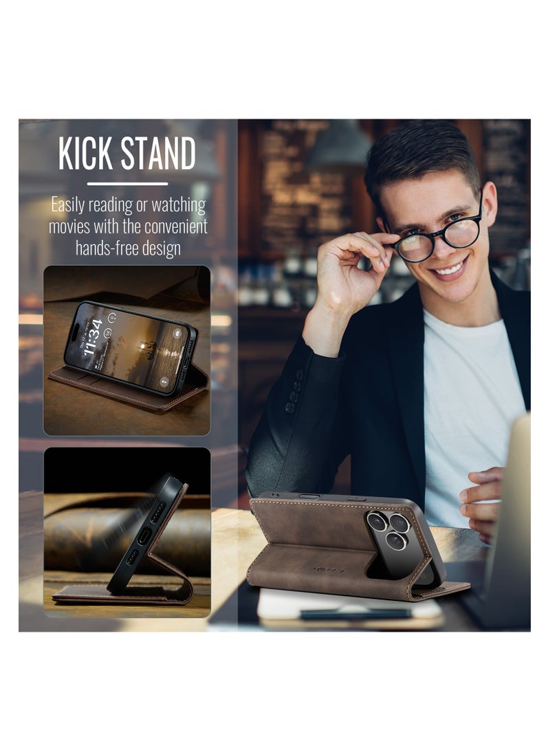 CaseMe Phone Case Luxury PU Leather Design 013 Flip Cover Card Slot Holder Cover For IPhone 17 Pro (Coffe) - Image 2