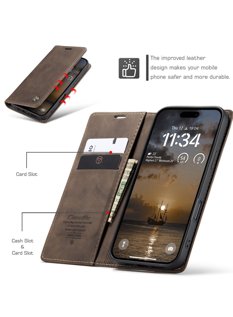 CaseMe Phone Case Luxury PU Leather Design 013 Flip Cover Card Slot Holder Cover For IPhone 17 Pro (Coffe) - Image 4