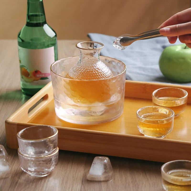 Sake Pot Set, Japanese Cold Sake Glasses, Clear Unique Trendy Floating Design, 1 Sake Carafe Bottle 1 Sake Tank and 4 Saki Cups for Cold/Hot Sake, Birthday Housewarming - Image 5