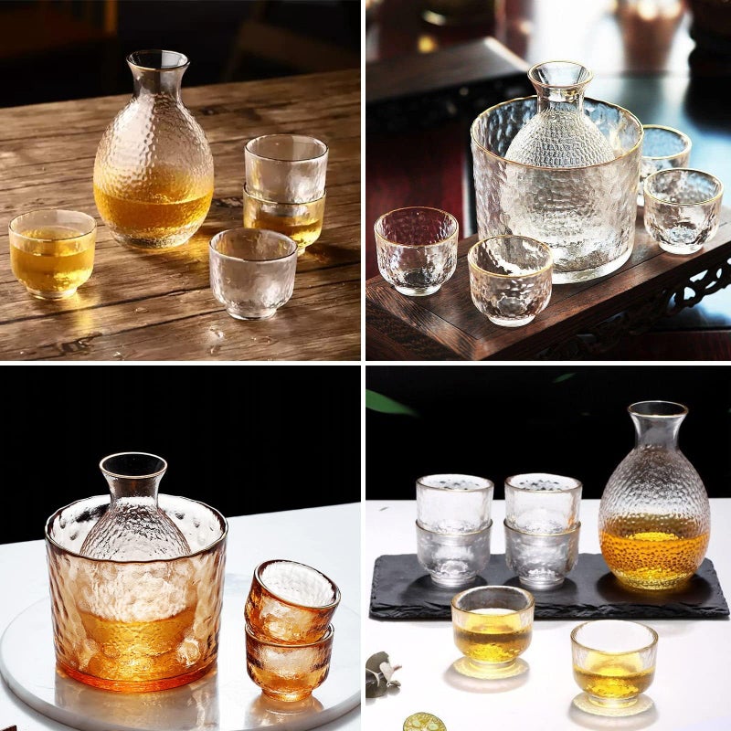 Sake Pot Set, Japanese Cold Sake Glasses, Clear Unique Trendy Floating Design, 1 Sake Carafe Bottle 1 Sake Tank and 4 Saki Cups for Cold/Hot Sake, Birthday Housewarming - Image 2