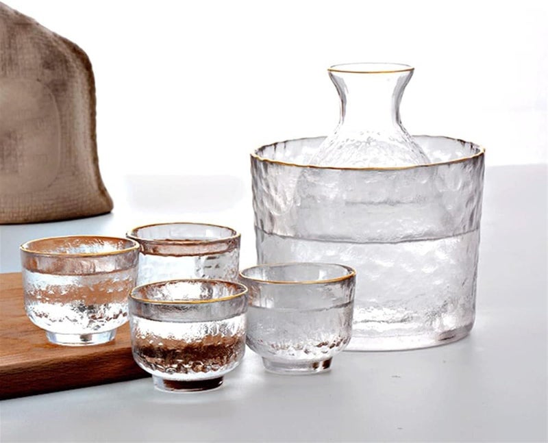 Sake Pot Set, Japanese Cold Sake Glasses, Clear Unique Trendy Floating Design, 1 Sake Carafe Bottle 1 Sake Tank and 4 Saki Cups for Cold/Hot Sake, Birthday Housewarming - Image 1