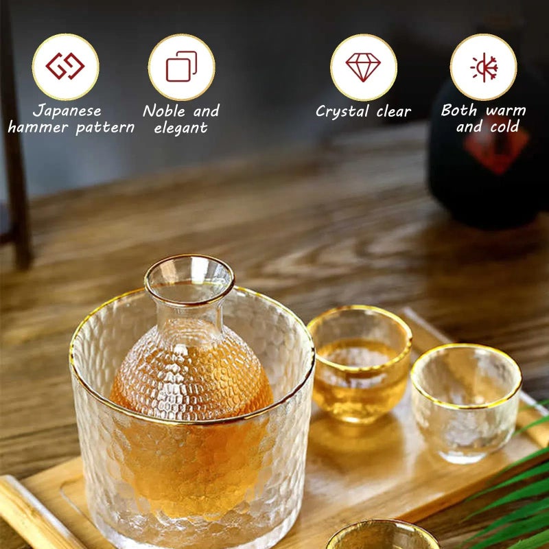 Sake Pot Set, Japanese Cold Sake Glasses, Clear Unique Trendy Floating Design, 1 Sake Carafe Bottle 1 Sake Tank and 4 Saki Cups for Cold/Hot Sake, Birthday Housewarming - Image 3