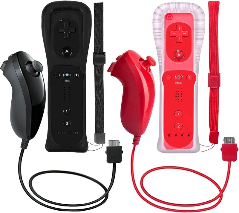 ZeroStory 2 Packs Wireless Controller and Nunchuck for Wii and Wii U Console, Gamepad with Silicone Case and Wrist Strap (Black and Red) - Image 1