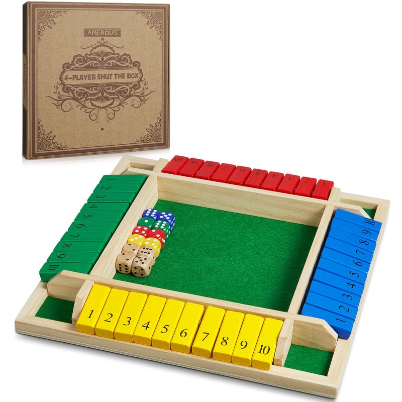 AMEROUS Shut The Box Dice Game12 inchesColorful Design14 Players12 DiceGift Package Classic 4 Sided Wooden Board Game for Adults Kids Classics Board Game - Image 2