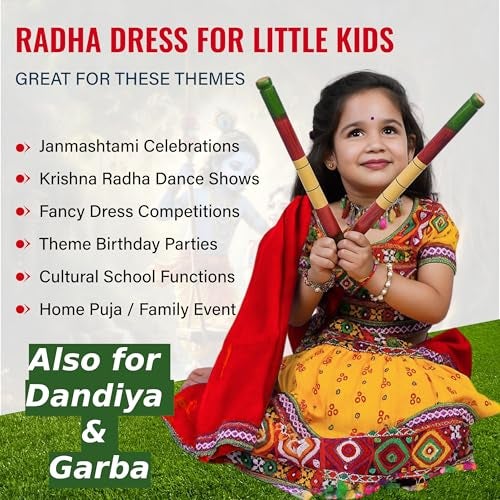 Sarvda Shree Krishna Dress for Kids for Baby Boy Radha Dress for Girls with Accessories Dhoti, Dupatta, Mukut Flute Complete set - Image 4