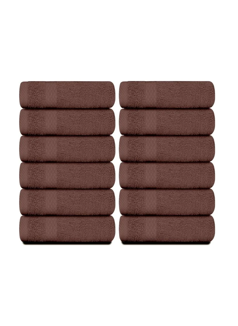 1Chase Luxury Cotton Face Towel - Large Hotel Spa Bathroom Face Towel Set of 12 Brown