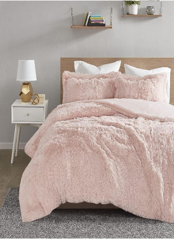 Intelligent Design Intelligent Design Malea Shaggy Duvet with Quilted Box Design, Long Faux Fur Comforter Cover Cozy Bedding Set, Matching Shams, (Insert Not Included) Twin, Blush 2 Piece, 66x90 