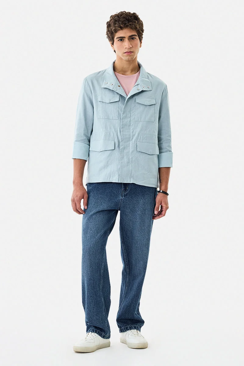 سنيتش Light Blue Solid Long Sleeve Regular Fit Jacket