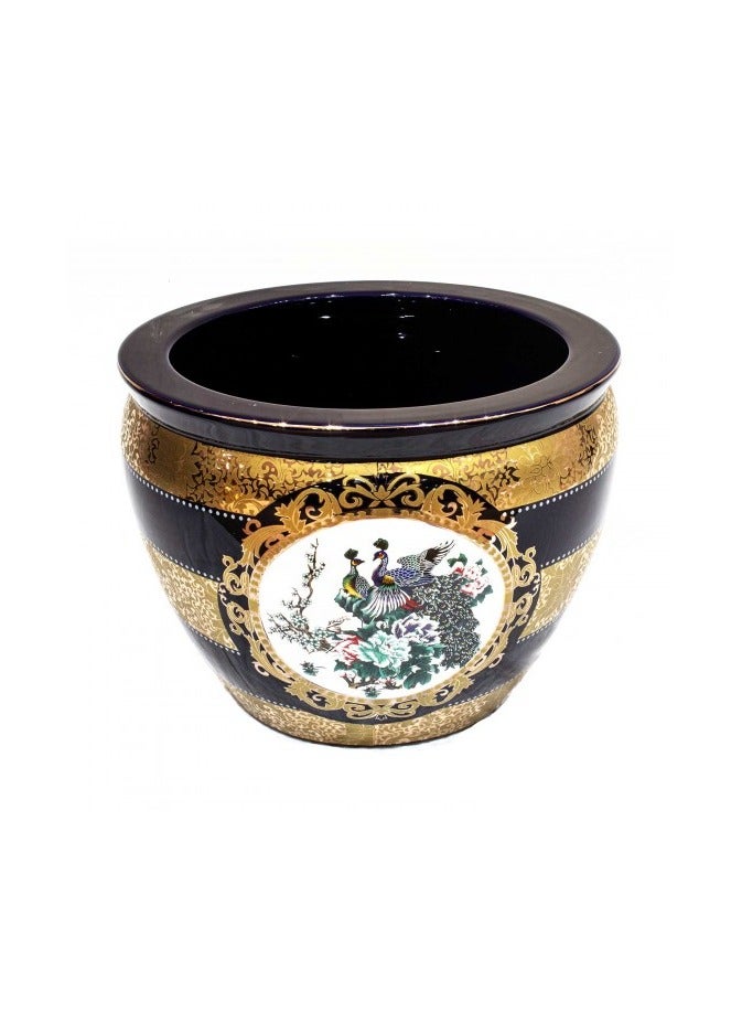 general 18" Dark Blue and Gold Porcelain Peacock with Blossom Chinese Fishbowl Planter - CP JC18" FB - Image 1