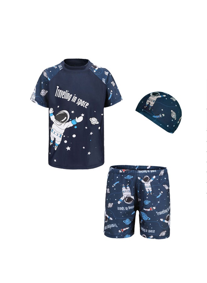 طقم ملابس سباحة للأطفال مكون من ثلاث قطع مع قبعة بطبعة كرتونية للأولاد، ملابس سباحة للأطفال للشاطئ في الصيف - Image 1