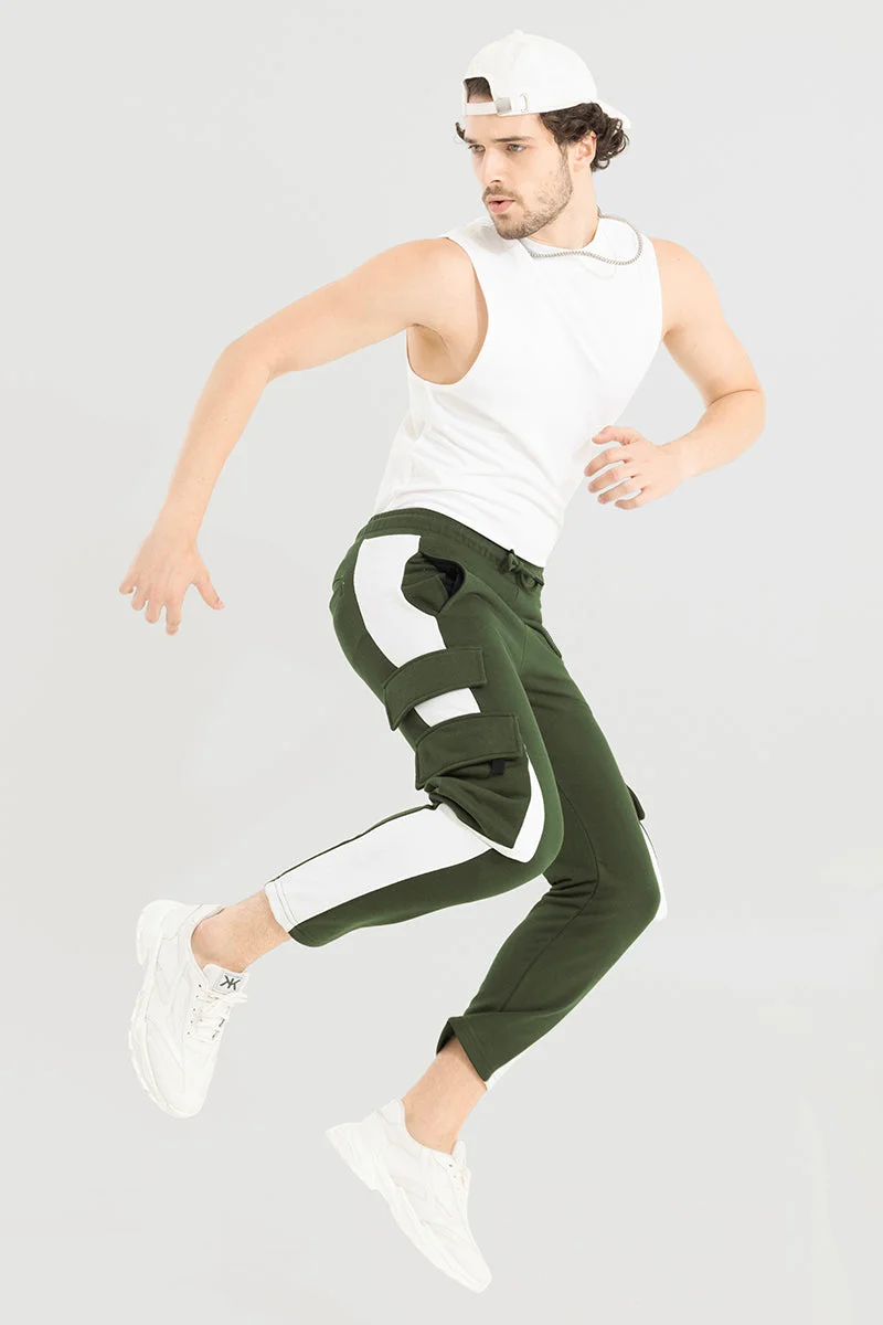 SNITCH Olive Colour Blocked Slim Fit Casual Cargo