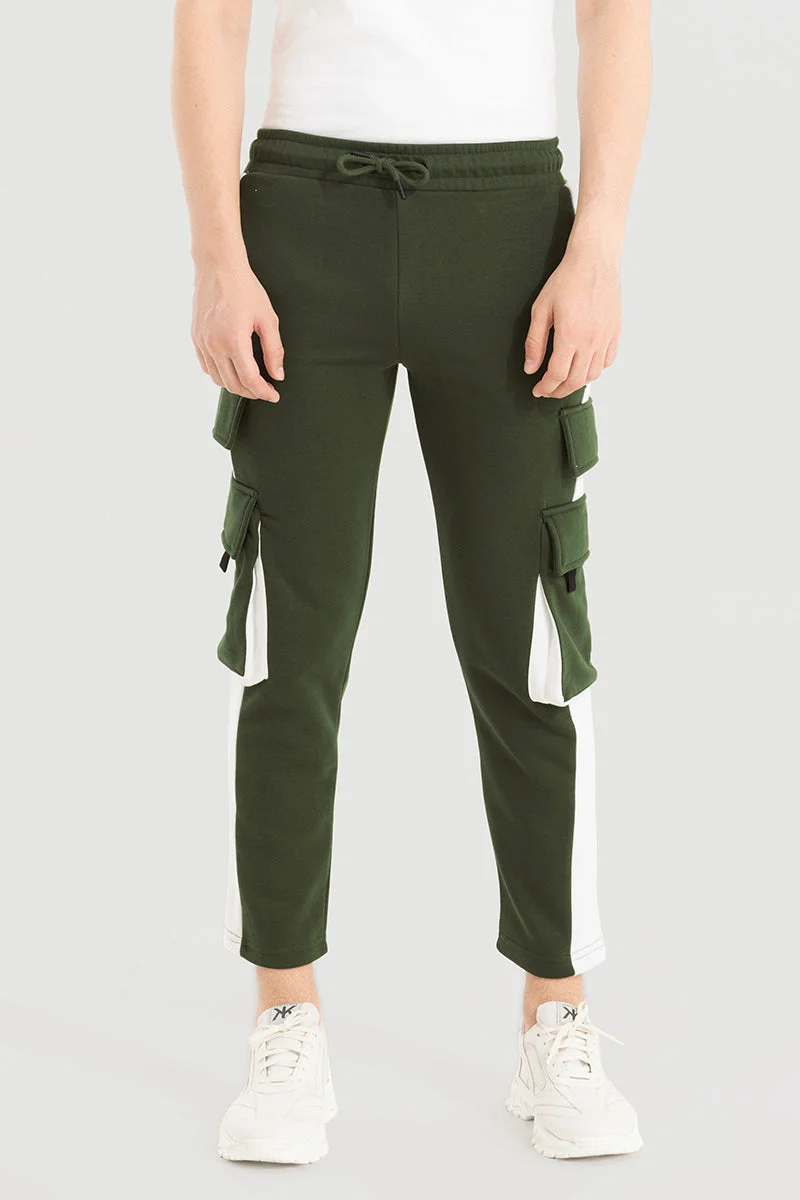 SNITCH Olive Colour Blocked Slim Fit Casual Cargo