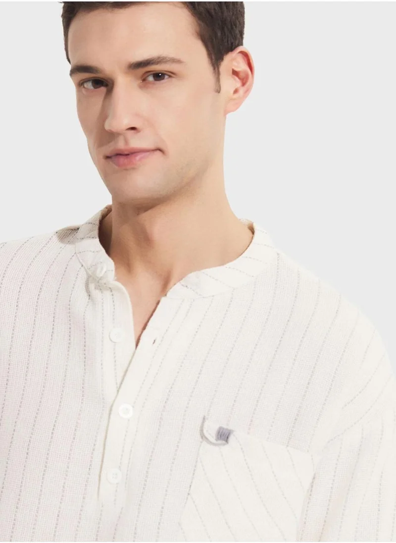 جون Striped Grandad Collar Shirt