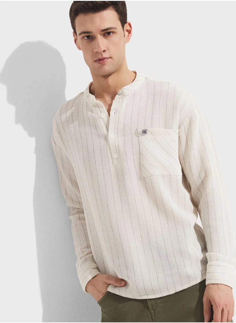 جون Striped Grandad Collar Shirt