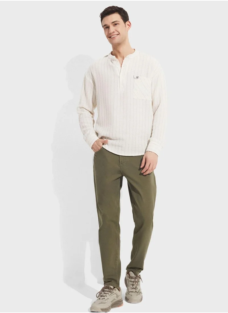 جون Striped Grandad Collar Shirt