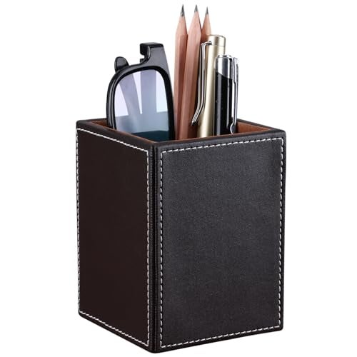 KINGFOM PU Leather Square Pens Pencils Holder Cup Desktop Stationery Organizer Case Office Accessories Container Box Brown - Image 4