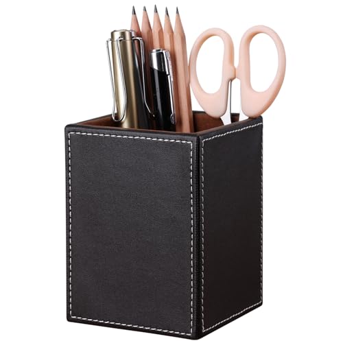 KINGFOM PU Leather Square Pens Pencils Holder Cup Desktop Stationery Organizer Case Office Accessories Container Box Brown - Image 5