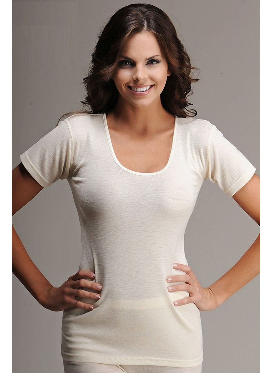 Hasyün - Underwear 302 Cream Women's Ribbed Wool Underwear Short Sleeve Thermal - Image 1