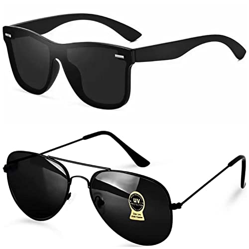 IFLASH Unisex Square Aviator Glass Lens Sunglasses Black Frame for Men Women, Pack Of 2 - Image 1