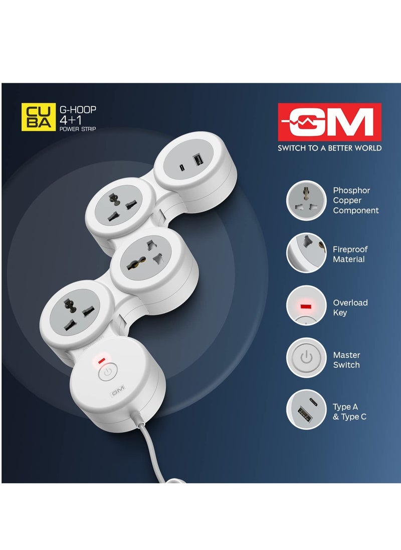 ELTRAZONE - GM 4+1 G-Hoop Spike Guard with C & A Type USB-Master Switch,Indicator, Safety Shutter, 1.8 Mtr Wire with Overload Protection 3 International sockets & 2 USB Port 1 C Type 1 A Type 3.1A… - Image 1
