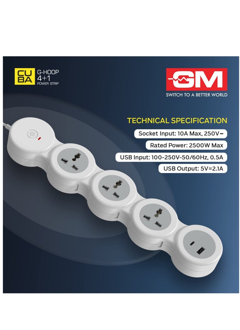 ELTRAZONE - GM 4+1 G-Hoop Spike Guard with C & A Type USB-Master Switch,Indicator, Safety Shutter, 1.8 Mtr Wire with Overload Protection 3 International sockets & 2 USB Port 1 C Type 1 A Type 3.1A… - Image 1