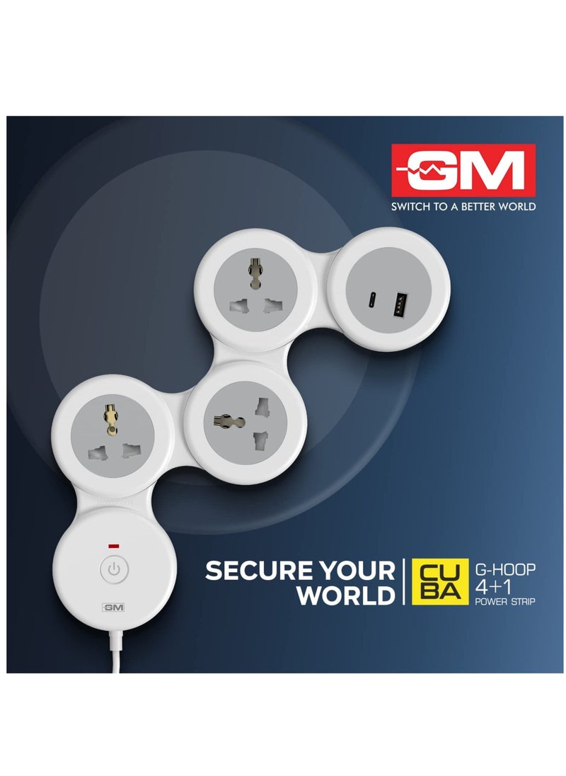 ELTRAZONE - GM 4+1 G-Hoop Spike Guard with C & A Type USB-Master Switch,Indicator, Safety Shutter, 1.8 Mtr Wire with Overload Protection 3 International sockets & 2 USB Port 1 C Type 1 A Type 3.1A… - Image 1