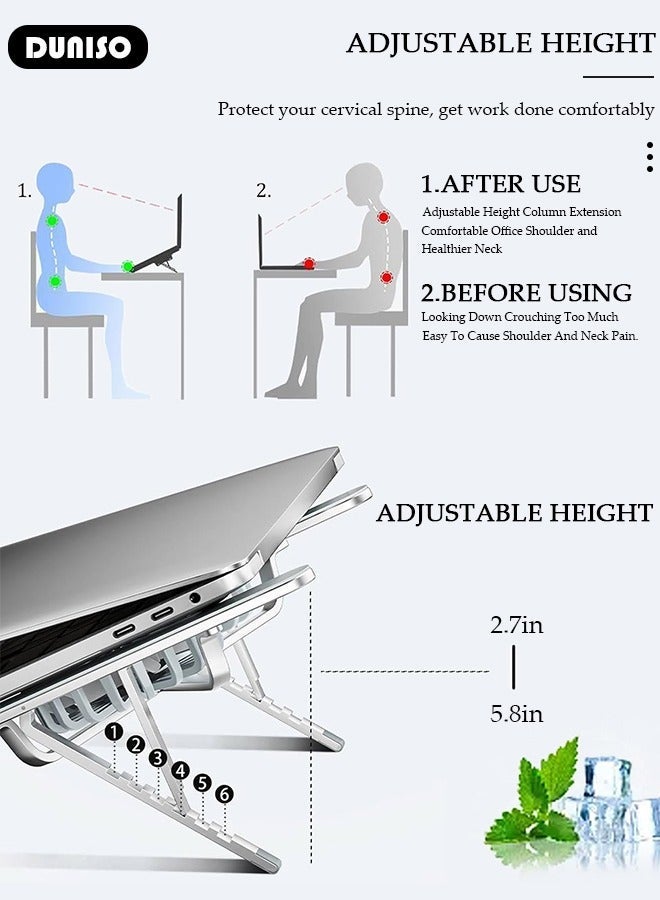 DUNISO Laptop Stand with Fan, Portable Collapsible Laptop Cooling Pad, Adjustable Notebook Stand with Fan Light, Ergonomic Foldable Laptop Holder Riser, Aluminum Laptop Base for Working, Gaming - Image 2