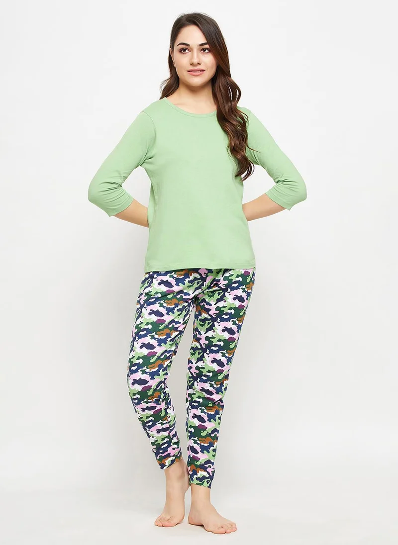 كلوفيا Clovia Chic Basic Top & Camouflage Print Pyjama in Mint Green - 100% Cotton